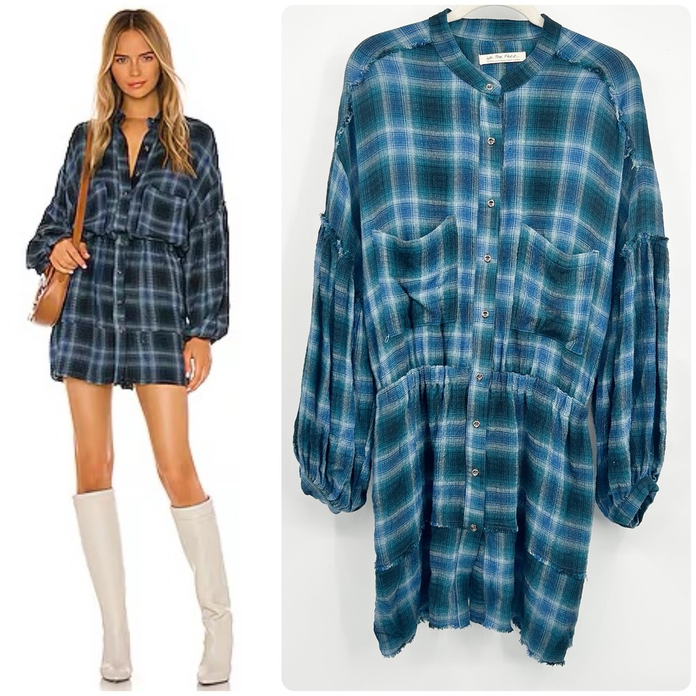 Free People Womens Blue Plaid By The Way Boho Grunge Raw Edge‎ Mini Dress Size M